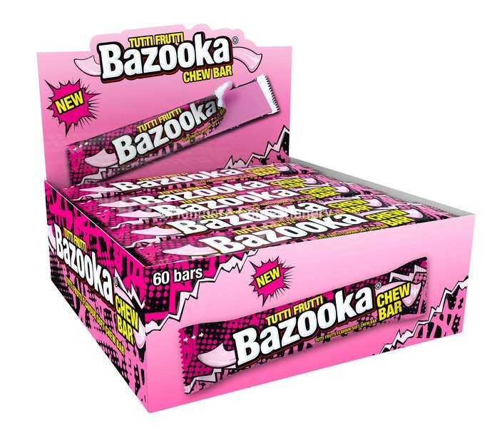 rasberry bazooka chew bars, blue chew bars, bazooka blue bars, chewy blue bars made by bazooka brands,
