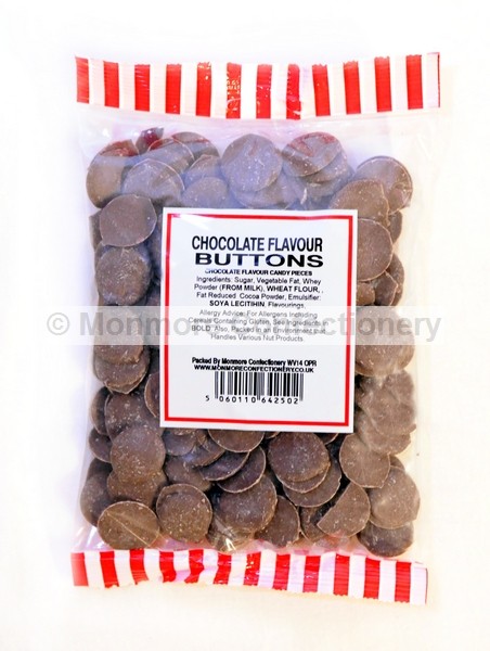 monmore confectionery chocolate flavour buttons 225g bag