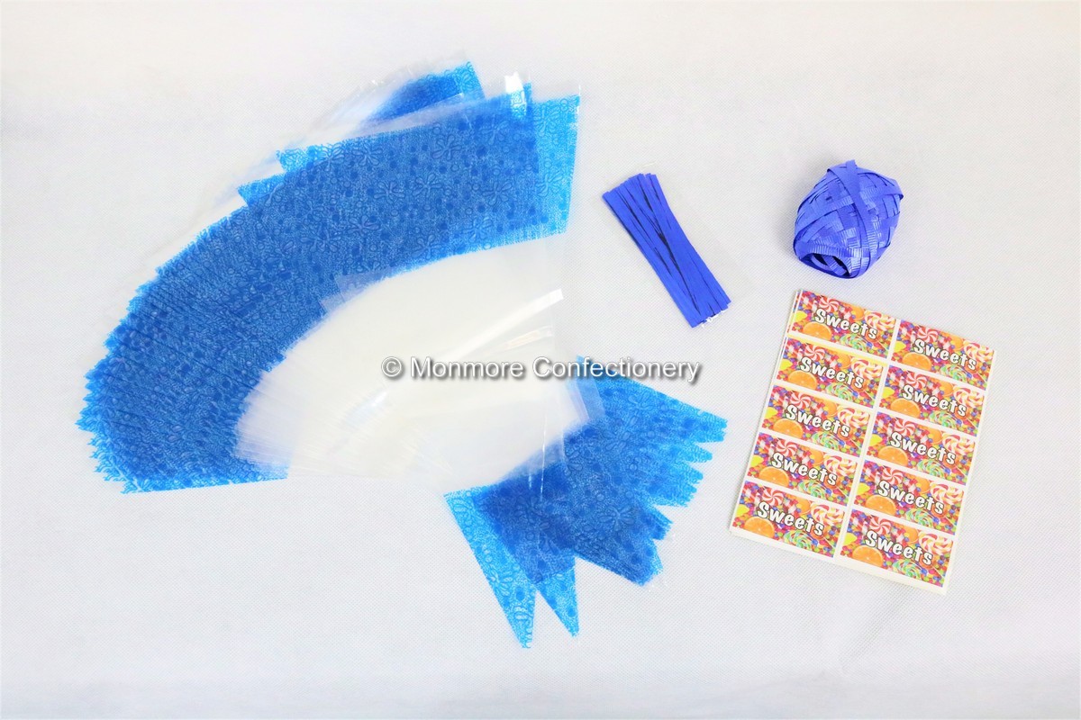 50 x Blue Decorated Cone Bags With Ribbon Ties & Stickers-wm
