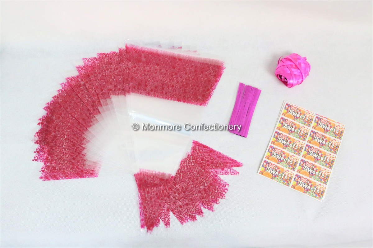 100 x Pink Decorated Cone Bags With Ribbon Ties & Stickers-wm