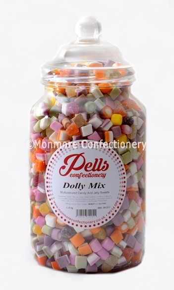 A traditional sweet jar containing dolly mixtures