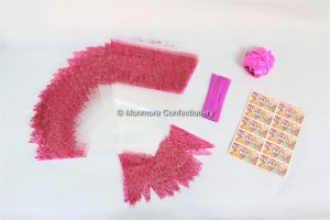 100 x Pink Decorated Cone Bags With Ribbon Ties & Stickers
