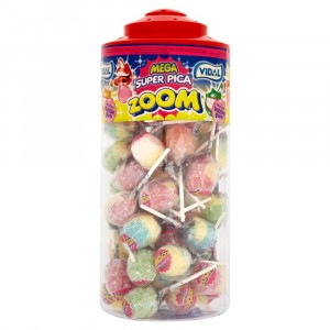 Vidal Mega Super Pica Zoom Bubblegum Filled Lollipops Full Tub Of 50 Lollies